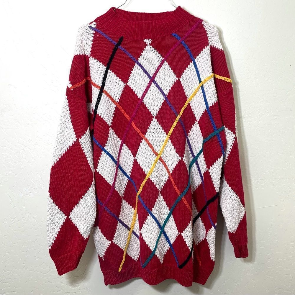 Vintage 90’s Red and White Argyle Oversized Knit Sweater Nordstrom Size Large